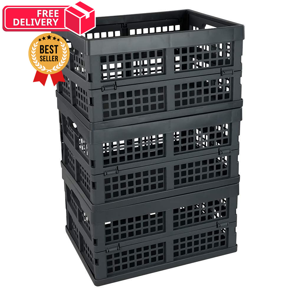 Idotry 3-PACK 15 L Plastic Stacking Folding Storage Crates, 15 L, gray