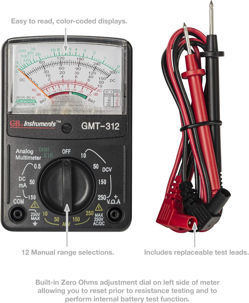 GMT-312 Analog Multimeter, 5 Function / 12 Range, 300V AC/DC, for AC / DC Voltag