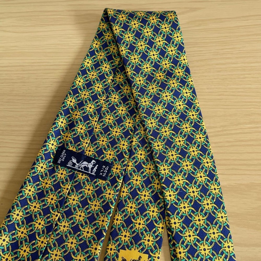 HERMES Blue Gold Green Gear Pattern Tie