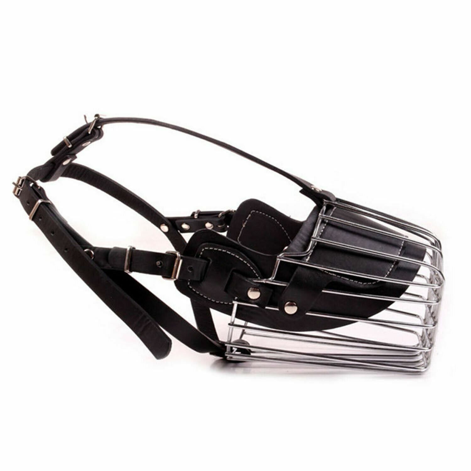 Metal Wire Leather Basket Cage Dog Mouth Muzzle w Adjustable Straps No Bite Bark