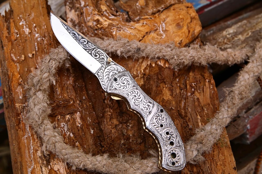Custom Handmade D2 Steel Engraved Folding knife