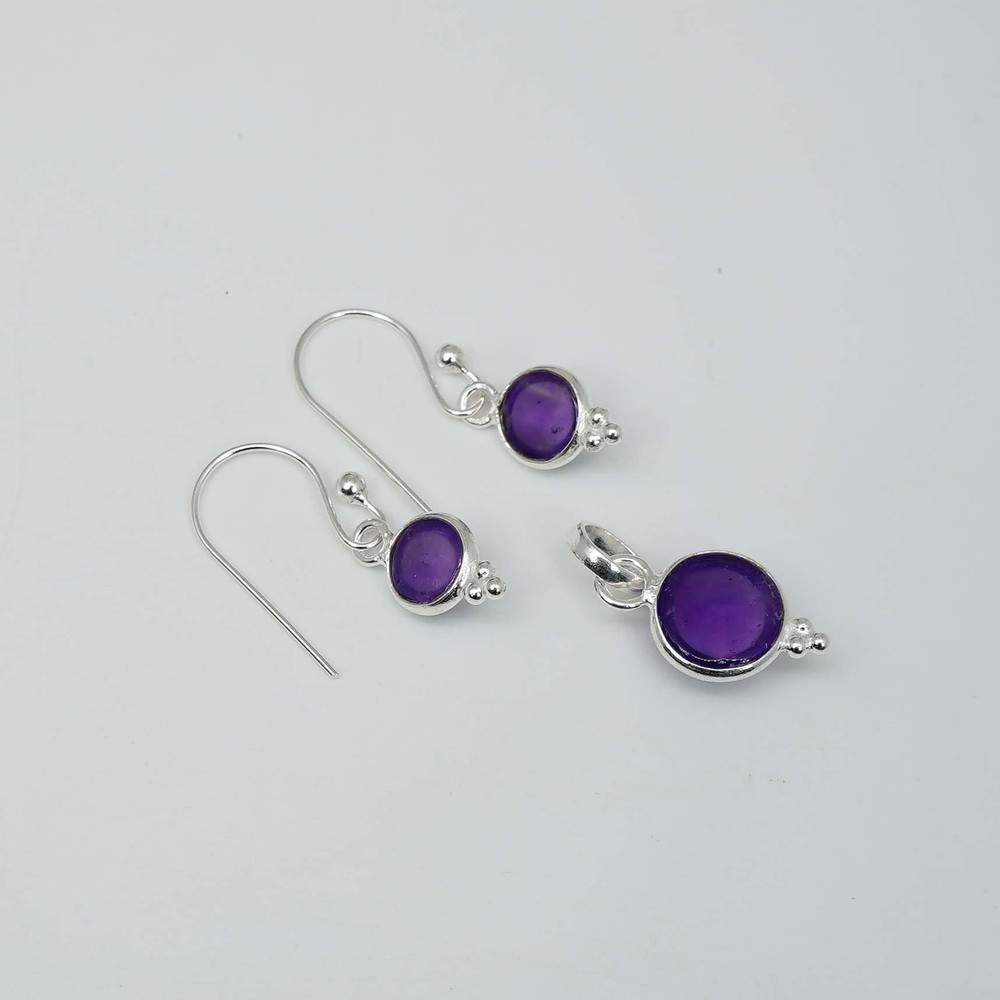 925 Solid Sterling Silver Purple Amethyst Hook Earring Pendant Set