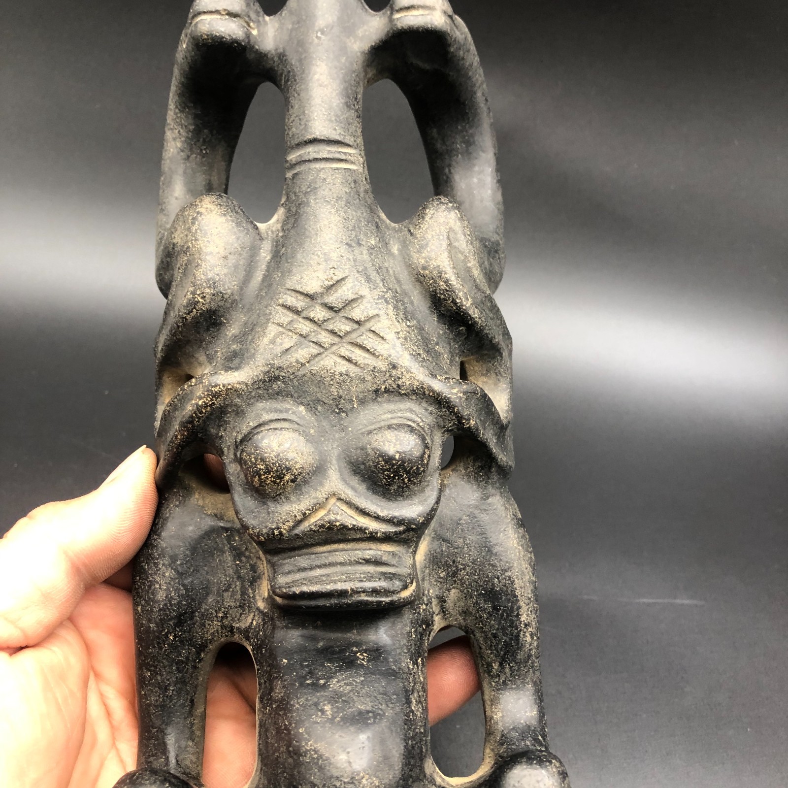 Old HongShan Culture Meteorite Jade Hand-Carved Sun God Helios&Pig Dragon Statue