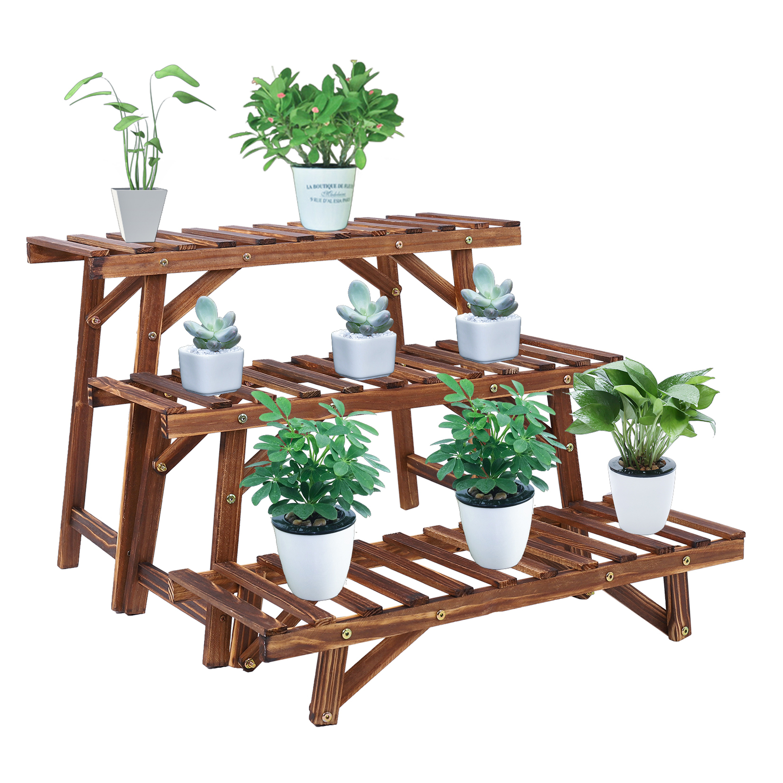Large Wood Tier Shelf Flower Plant Display Stand Rack Freestanding Movable Bench