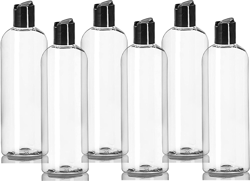 16 oz Clear Plastic Empty Bottles with Black Disc Top Caps, Squeezable Refillabl