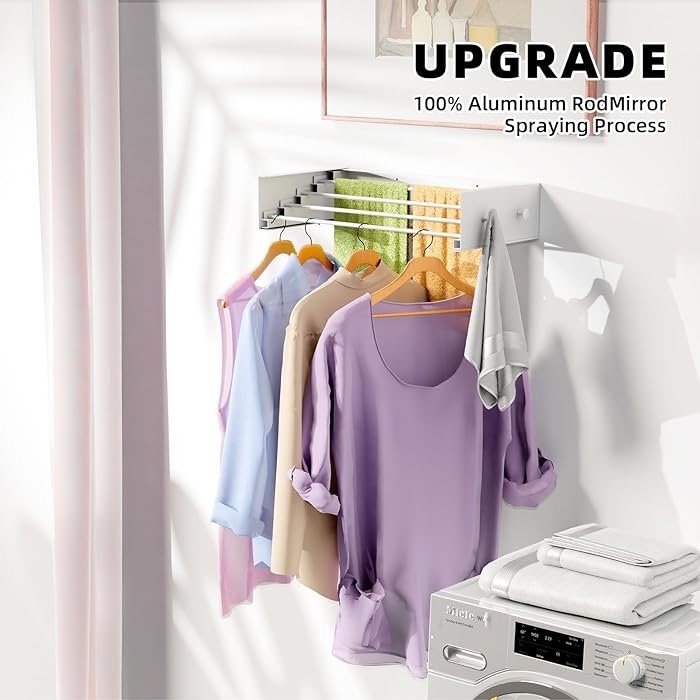 Small Wall Mounted Drying Rack with 4 Hooks, 23.6" Compact Foldable Laundry Rack