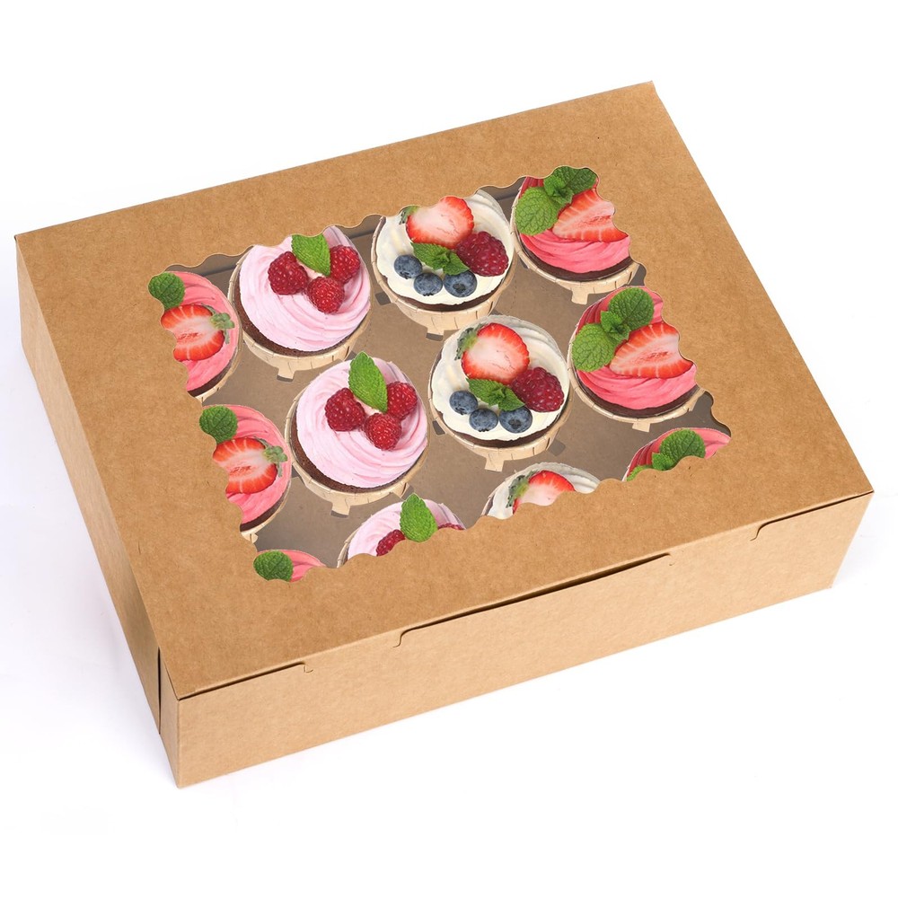20 Pack Cupcake Boxes 12 Count Container Window Insert Brown Bakery Pastry