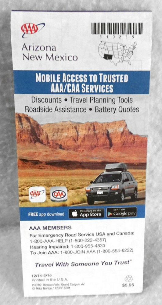 Vintage 2015 Arizona/New Mexico AAA State Series Map