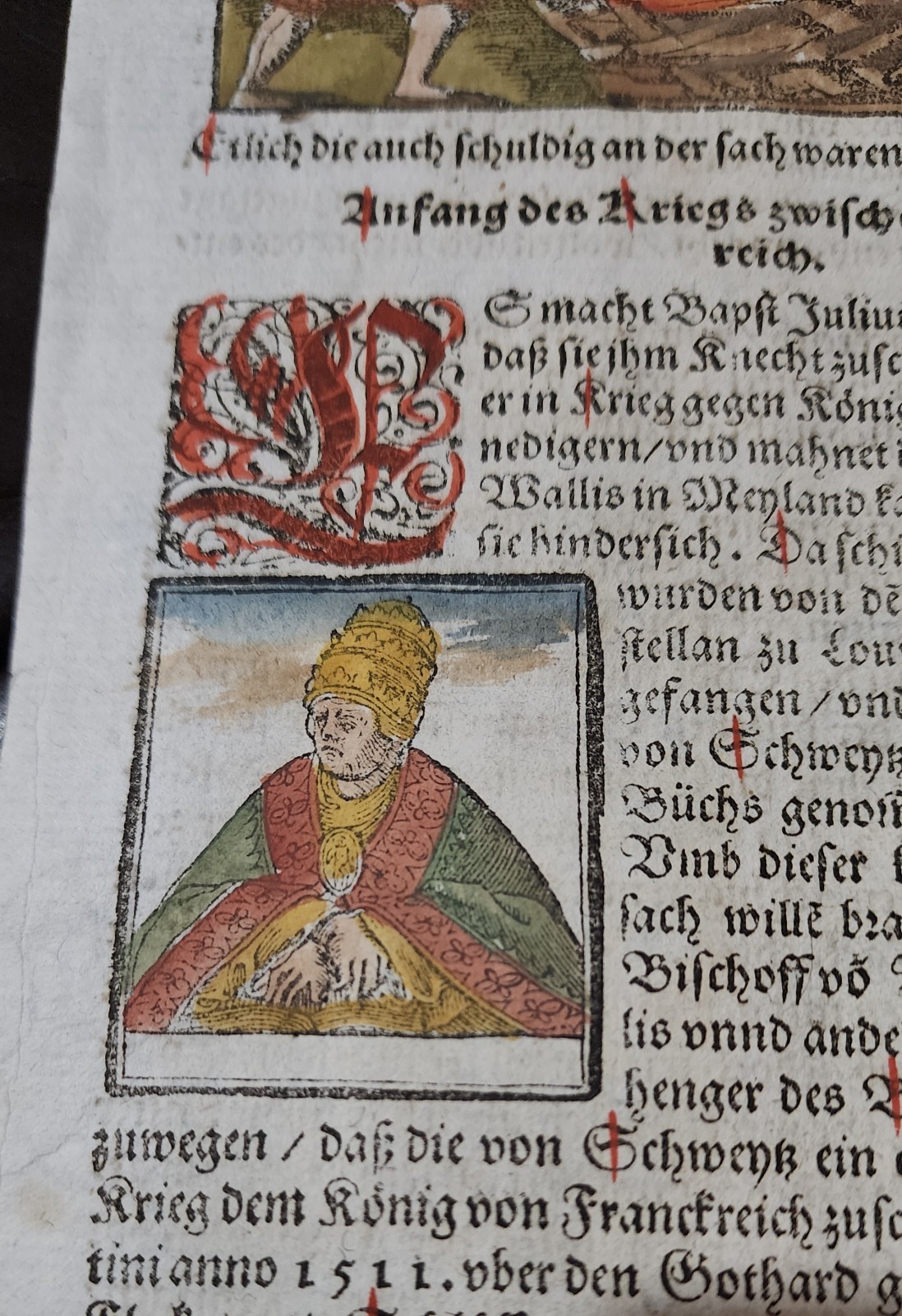 1588 German Manuscript Book Page Hand Colored War Burned At Stake 1500s Ephemera