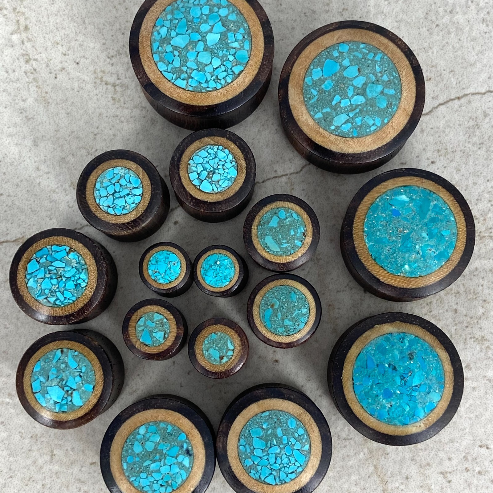 Pair of Sono Wood with Crushed Turquoise Inlay Plugs gauges organic plugs