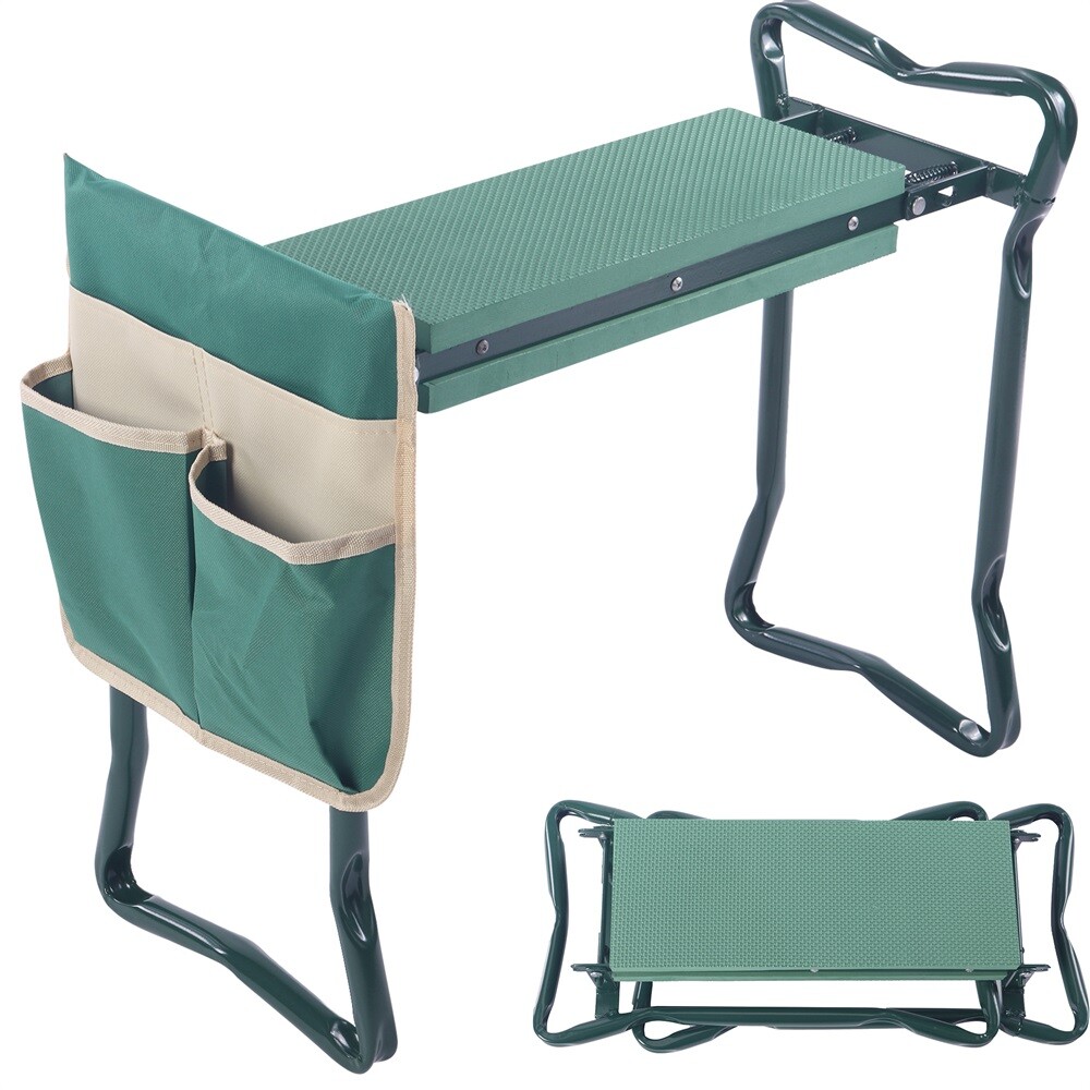 Dual Function Folding Garden Kneeler Stool with Tool Bag and Soft Cushion Pad