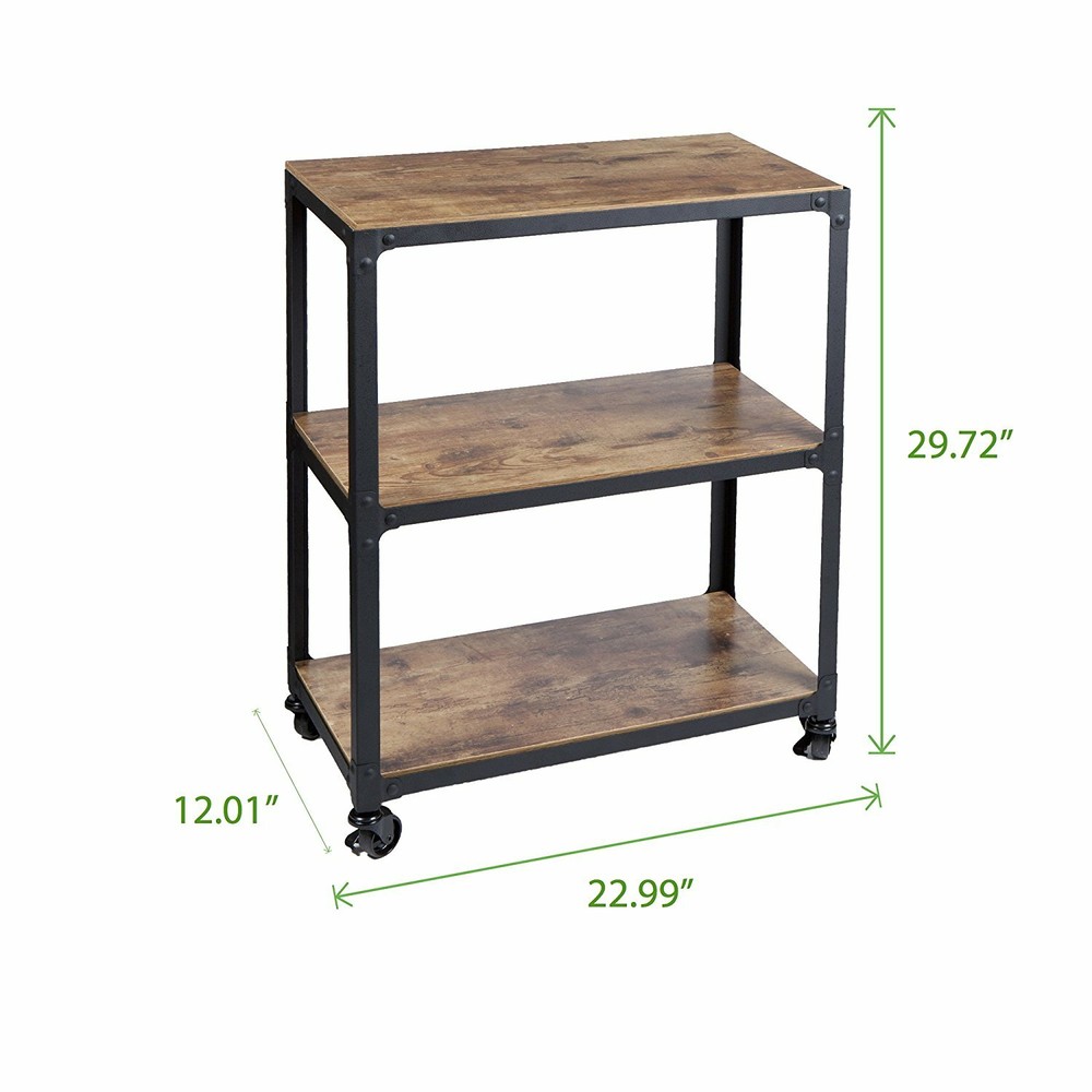 Rustic Brown Black 3 Tier Utility Serving Cart Rolling Kitchen Office Storage