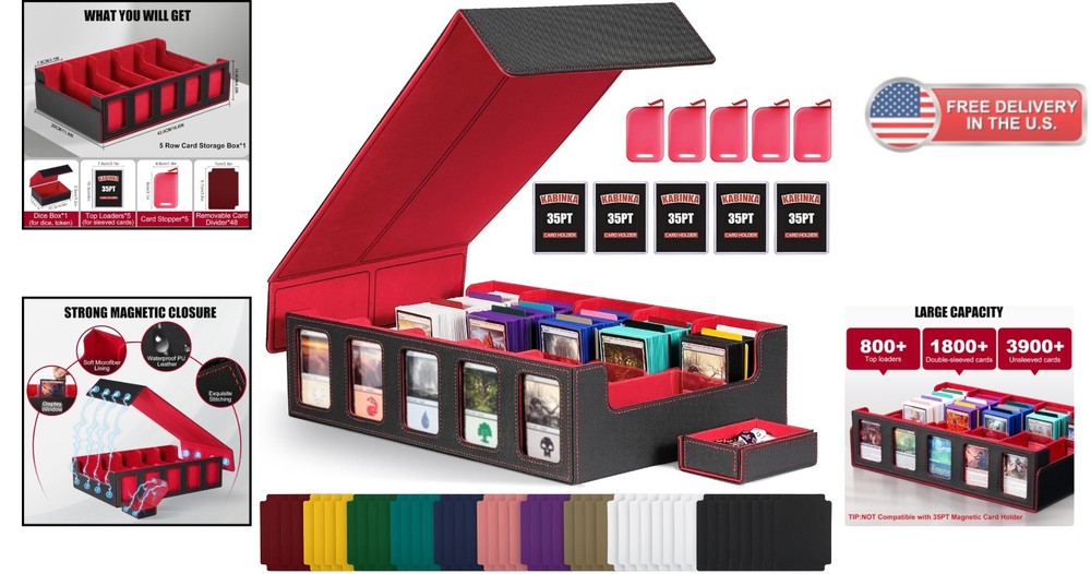 Sturdy Plastic Trading Card Storage Box with Commander Display and Accessories