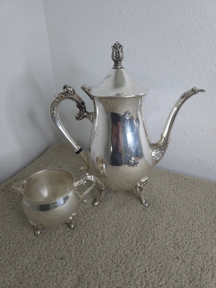 Vintage Leonard Silver Plated Footed Coffee Tea Pot And Creamer Pot