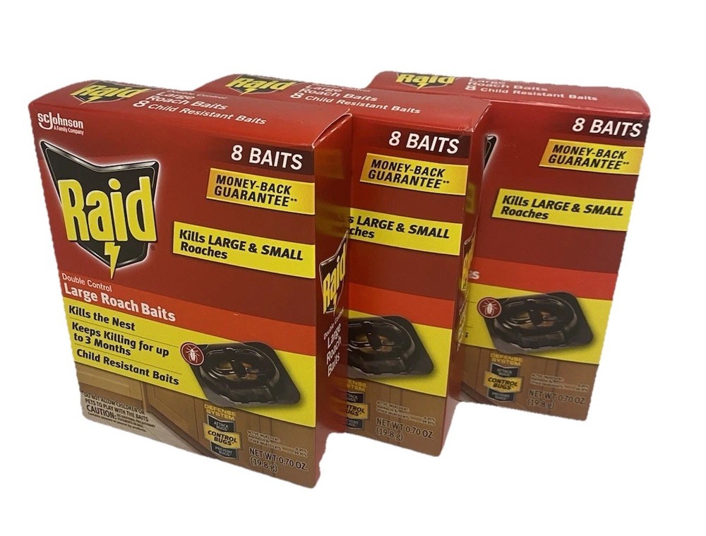 3 BOXES Raid 12 Dbl Control Small Roach Baits + 3 Egg Stoppers 3 Mo Protection