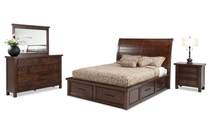 Queen size storage bedset; sturdy, brown, solid wood