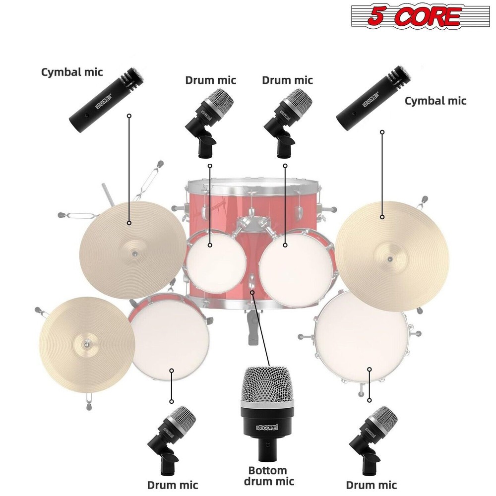 5Core Drum Mic Kit 7Pcs Kick Tom Snare Dynamic Microphone Instrument Mics Set