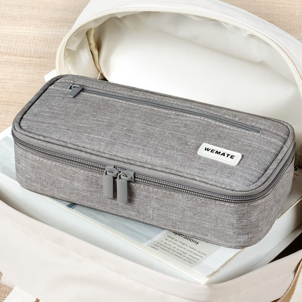 WEMATE Large Pencil Case, Pouch with Zipper Compartments, Light Grey