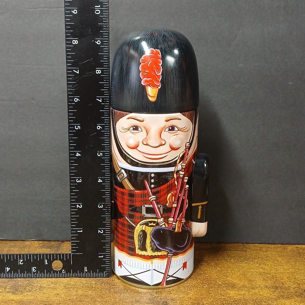 Cookie Tin Scottish Highlander Bagpipe 9 1/4" Nutcracker Round Cylinder Decor