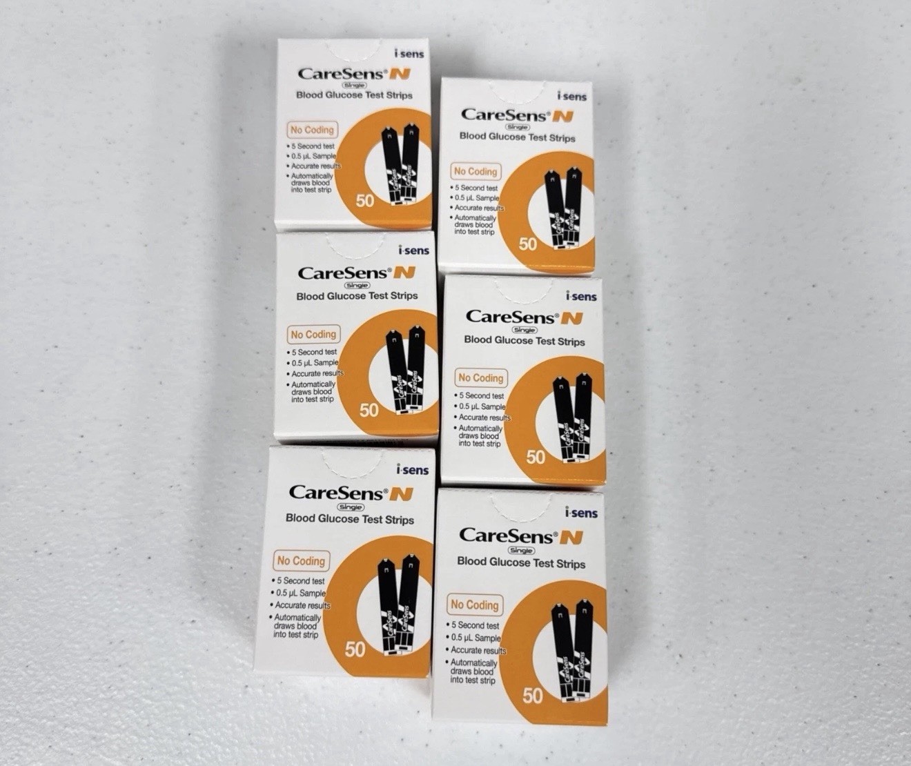 300 CARESENS N GLUCOSE TEST STRIPS, 6 BOXES OF 50, EXP  5-27, SEALED BOXES