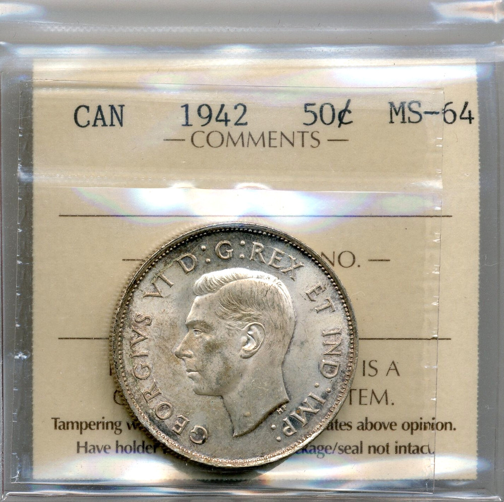1942 Canada 50 Cents - Choice Uncirculated, ICCS MS64