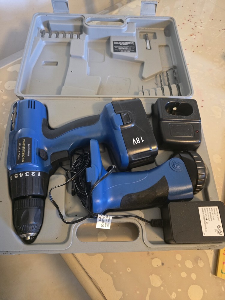 Drill Master 18V Cordless Drill & Flashlight Set w/Battery, Charger, Bits, Case