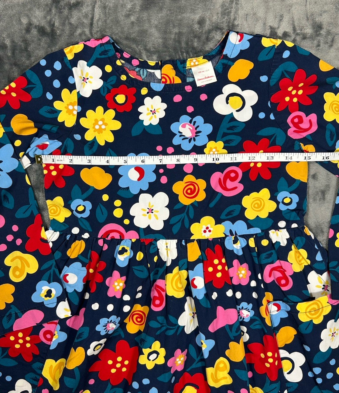 Hanna Andersson Flower Poplin Dress Girls 8 130cm Navy NWOT Long Sleeve Pockets