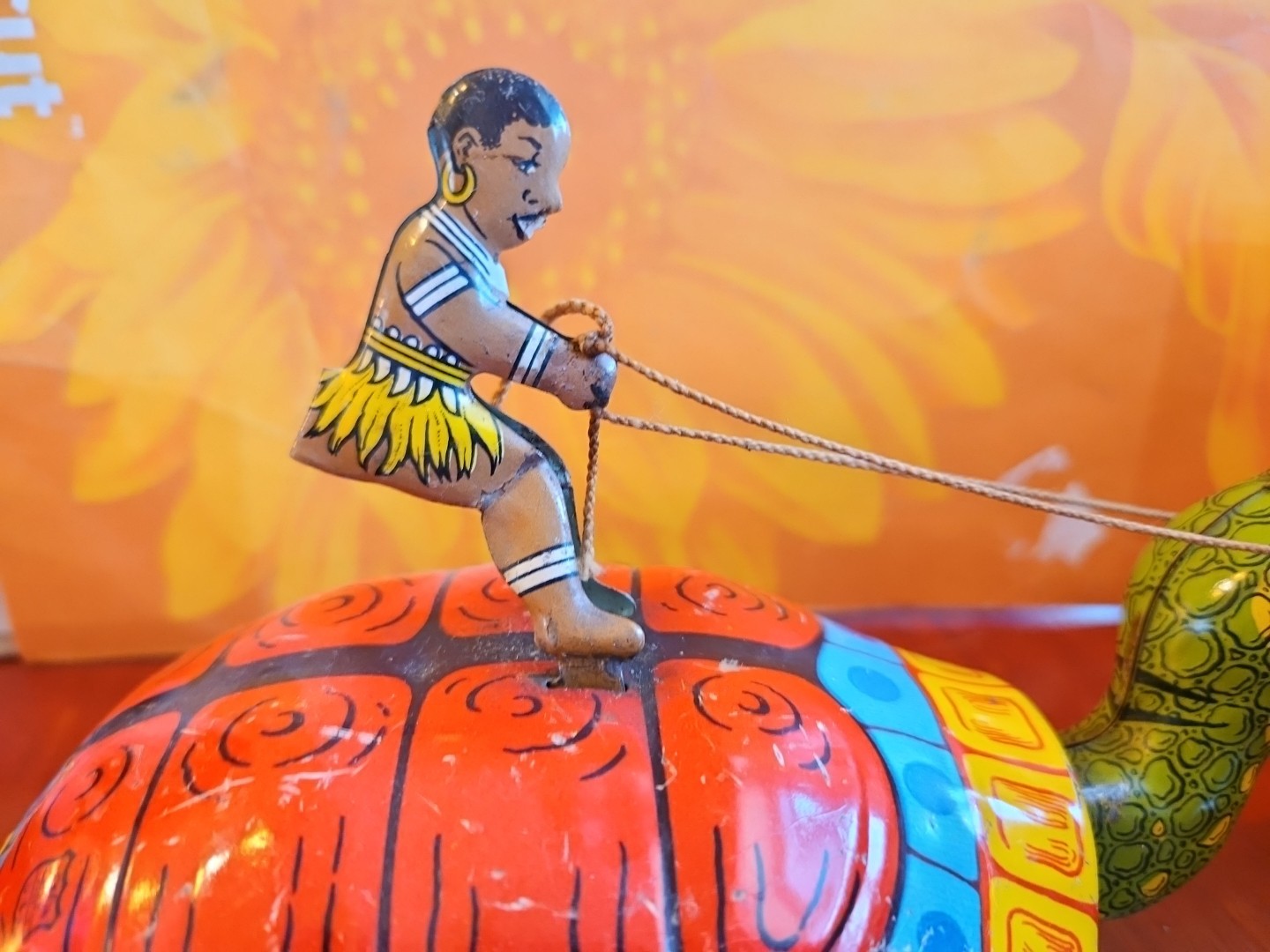 Vintage Antique Tin Toy Wind Up Chein Person Rides Giant Turtle Tortoise Display