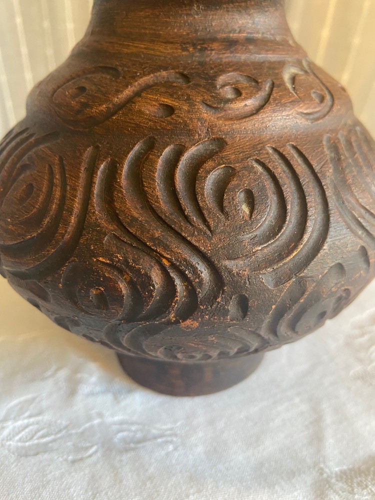 Clay Carved Small Pitcher from China Scrollwork Design 6 inches high