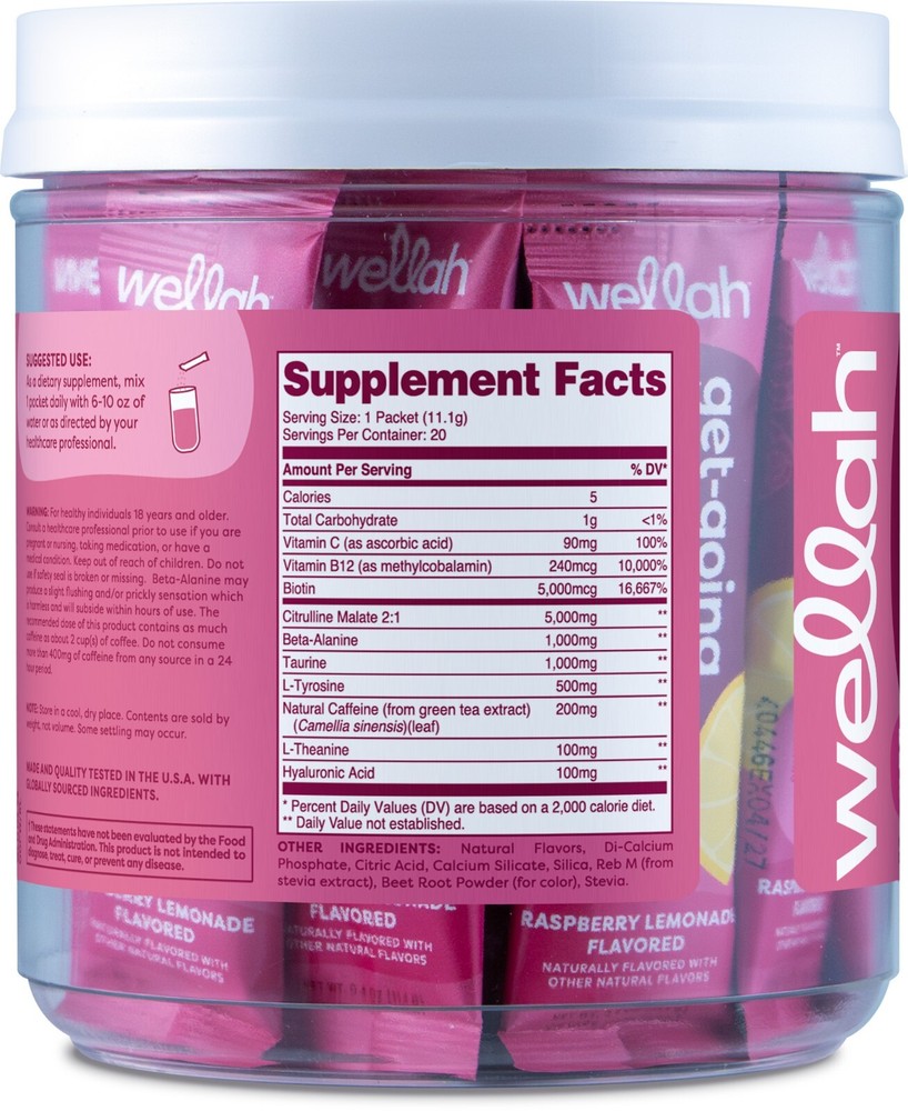Wellah Get-Going Raspberry Lemonade Flavored Pre-Workout Stickpacks -20 servings