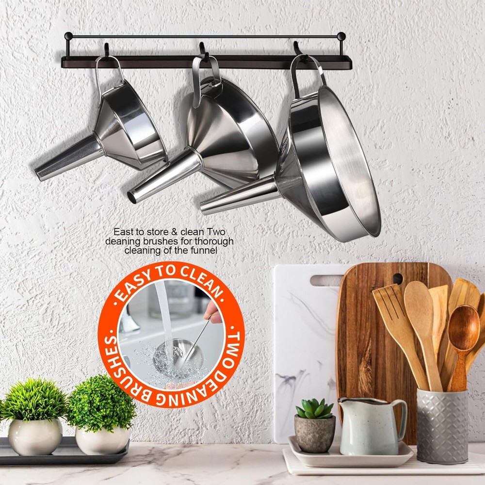 Stainless Steel Funnel Set 3PCS Large Kitchen Tool with Strainers & Brushes