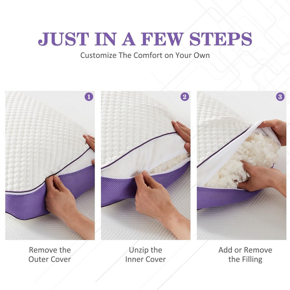 Adjustable Shredded Memory Foam Pillows Queen Size, Cooling Bed Pillows for S...