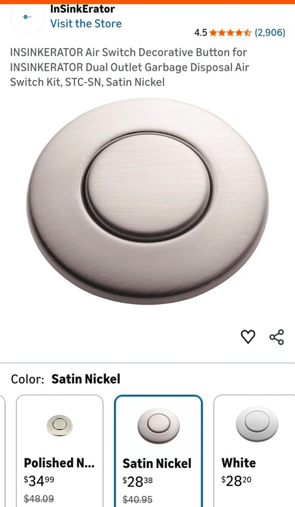 Garbage Disposal Sink-Top Air Switch Push Button Insinkerator Polished Nickel