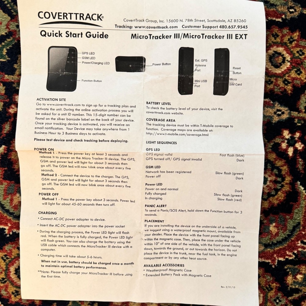 CovertTrack MicroTracker III EXT GPS Tracking Device SOS Button QuickStart Guide