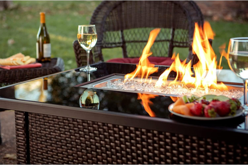 Stylish Brown/Black Rectangular Outdoor Gas Fire Table with Multi Color Design