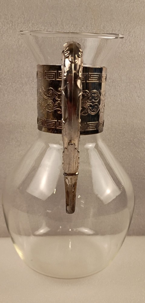 Clear Glass Pitcher With Silver Collar And Handle Vintage Decorative...