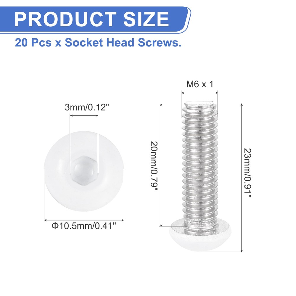 20 Pcs M6-1 x 20mm Button Head Socket Cap Screw Machine Screw, White