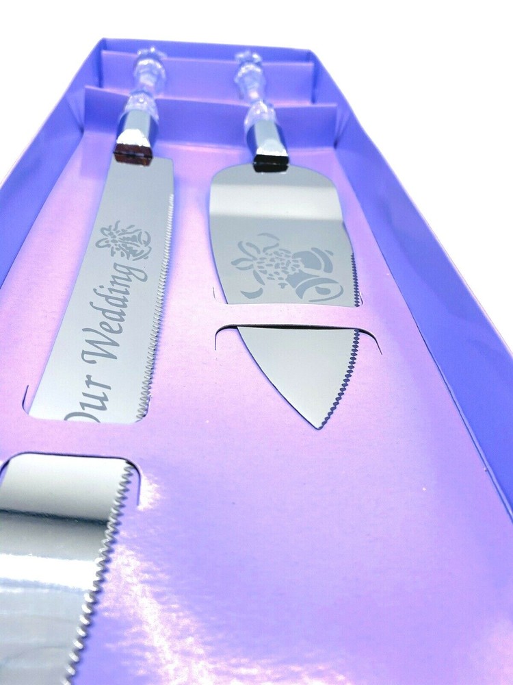 OUR WEDDING CAKE KNIFE AND SERVER SET EMBOSSED WITH BELL DESIGN -SILVER BODA