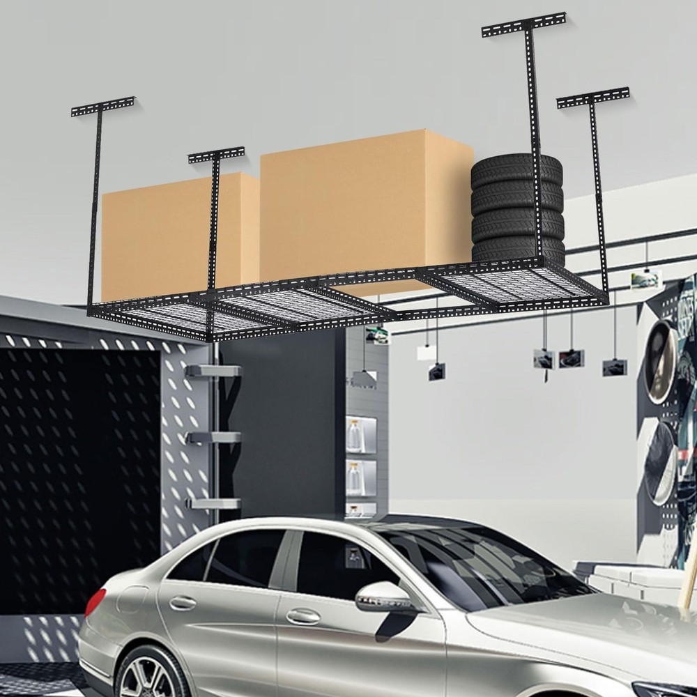 4X8FT Overhead Garage Storage Rack Ceiling Mounted Shelving w/6Vertical Posts