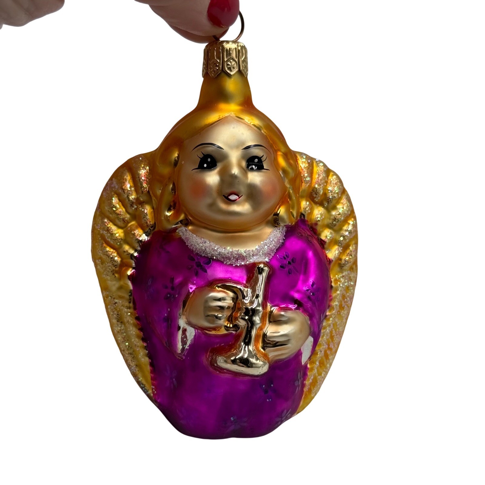 Vintage Glass Angel Christmas Ornament Trumpet Purple Gold West Germany
