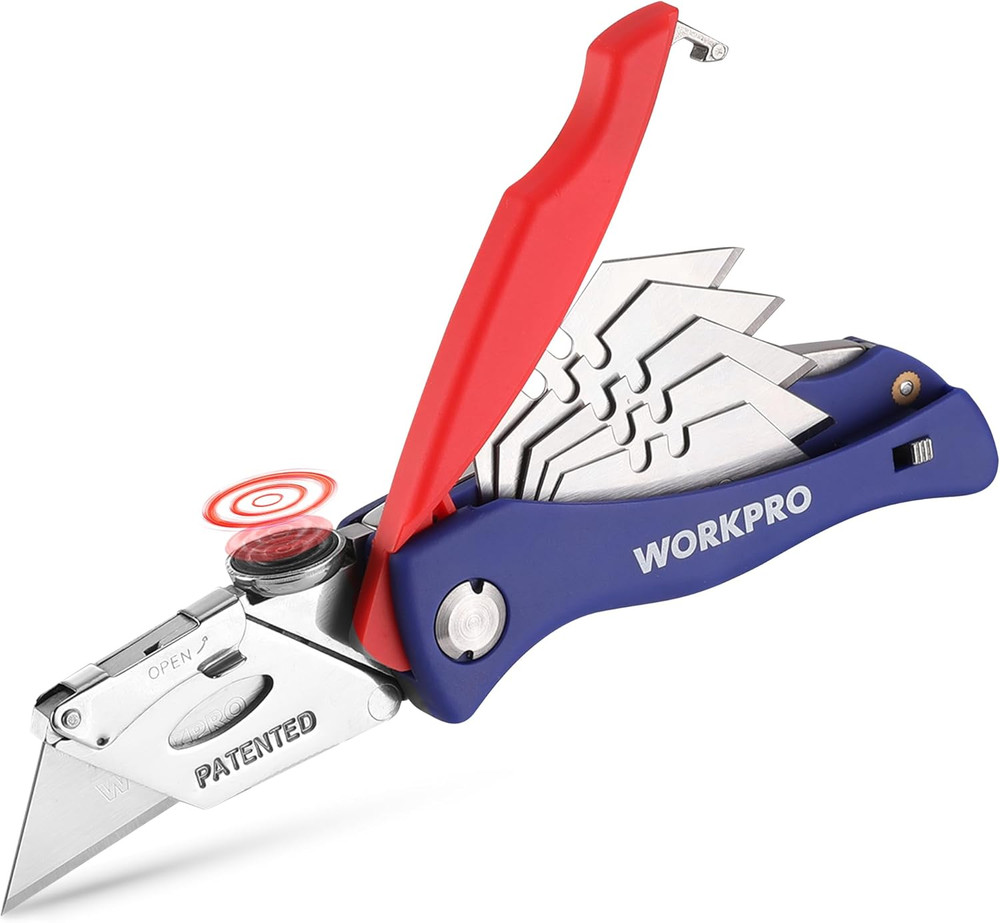 Folding Utility Knife, Box Cutter, Blade Storage in Handle with 5 Extra Blades