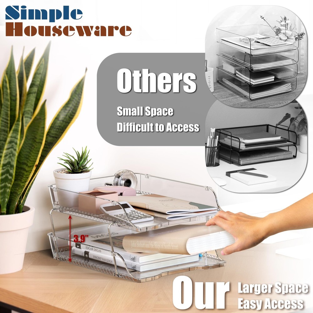 2-Tier Clear Stackable Letter Tray Organizer – Desktop File Holder for A4/Let...