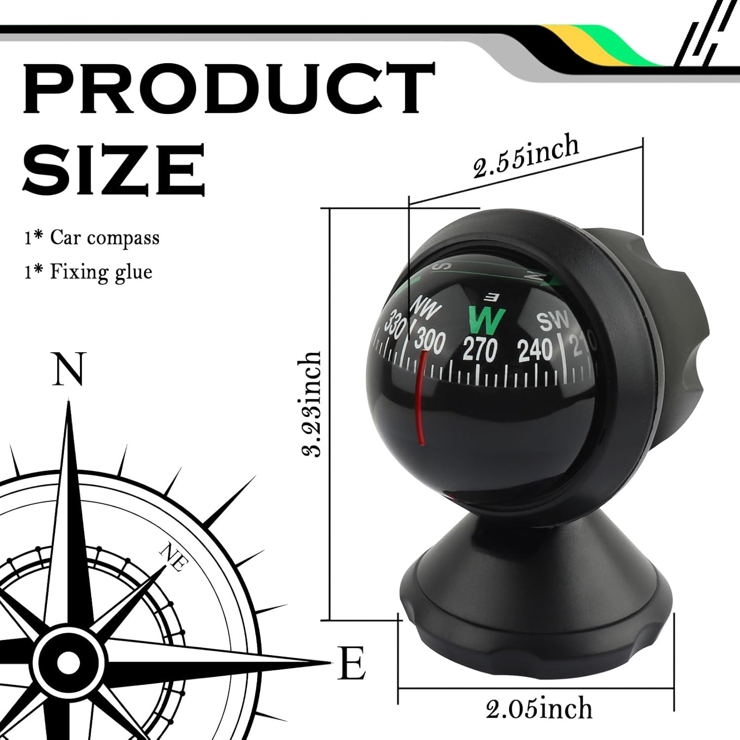Compass for Car with Bottom Stick Car Compass Ball,Adjustible and Night Vision C
