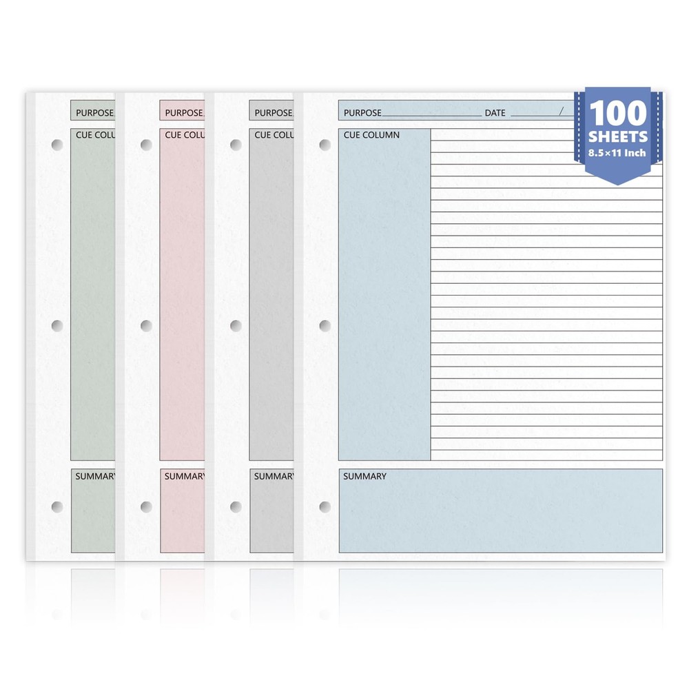 100 Sheet Colored Cornell Notes Loose Leaf Paper 8.5×11 Inch for 3 Ring Binde...