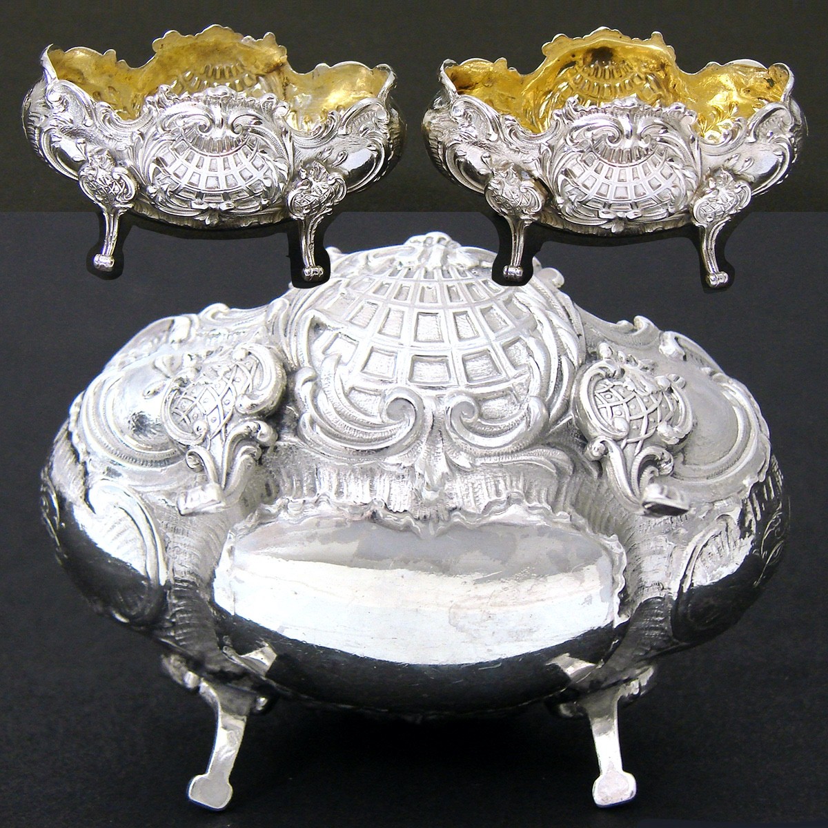 Fab Pair Antique French .800 (nearly sterling) Silver Open Salts, Louis XV Style