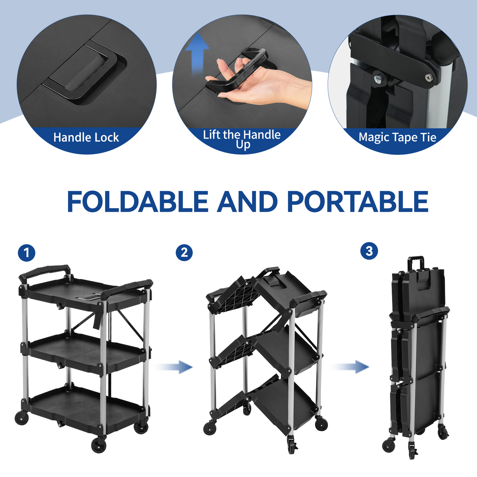 Foldable Utility Service Cart 3 Shelf 240LBS Portable Rolling Collapsible Cart