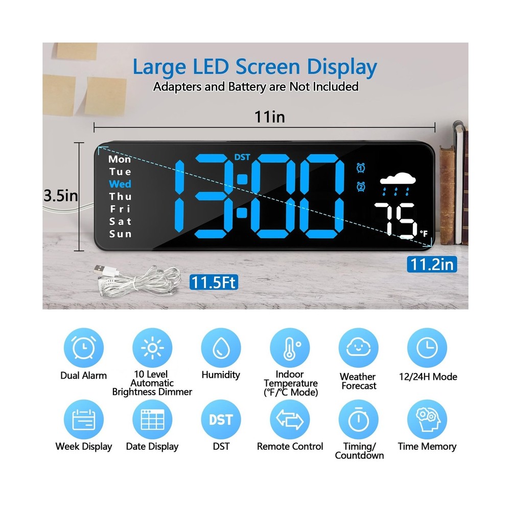 Digital Wall Clock with Remote Control, Large Display Plug in LED D... Fast Ship