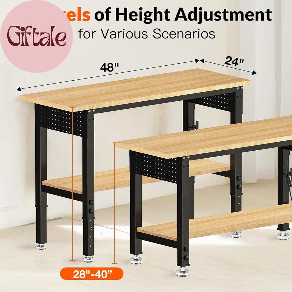48“ Adjustable Height Workbench Work Bench for Garage Work Table with under Tabl