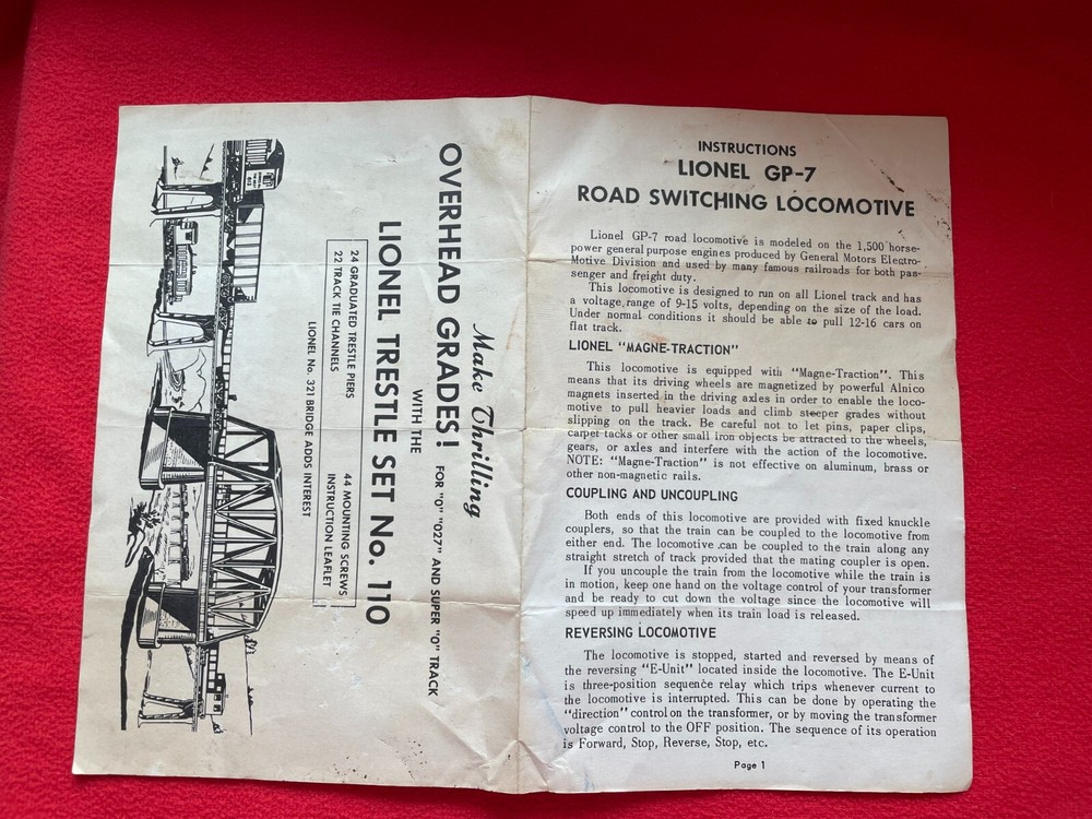 C7 LIONEL POSTWAR 2365 GP7 C&O OPERATING INSTRUCTIONS 1962