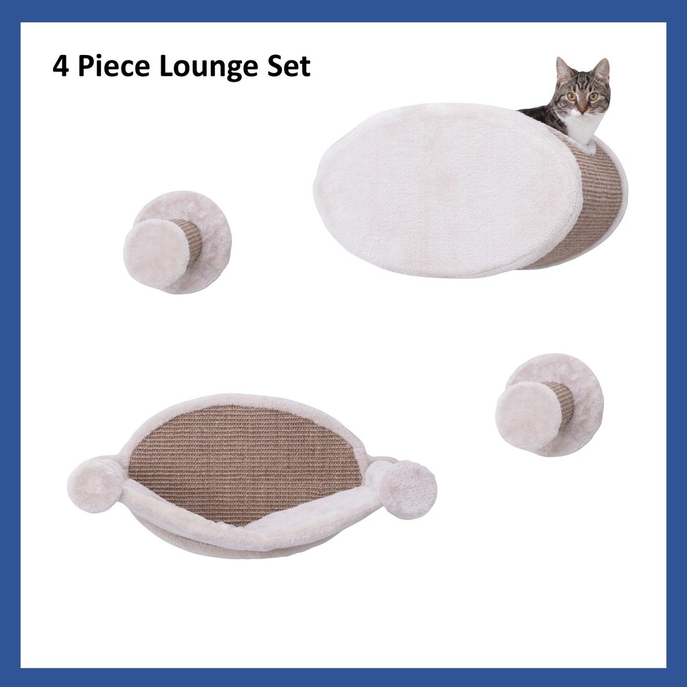 4pc Cat Tree Wall Mount Set Plush Condo Hammock Steps Space Saving Design